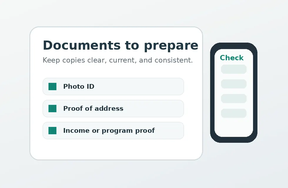 Illustration of documents needed for a Lifeline application, including ID, address proof, and program proof