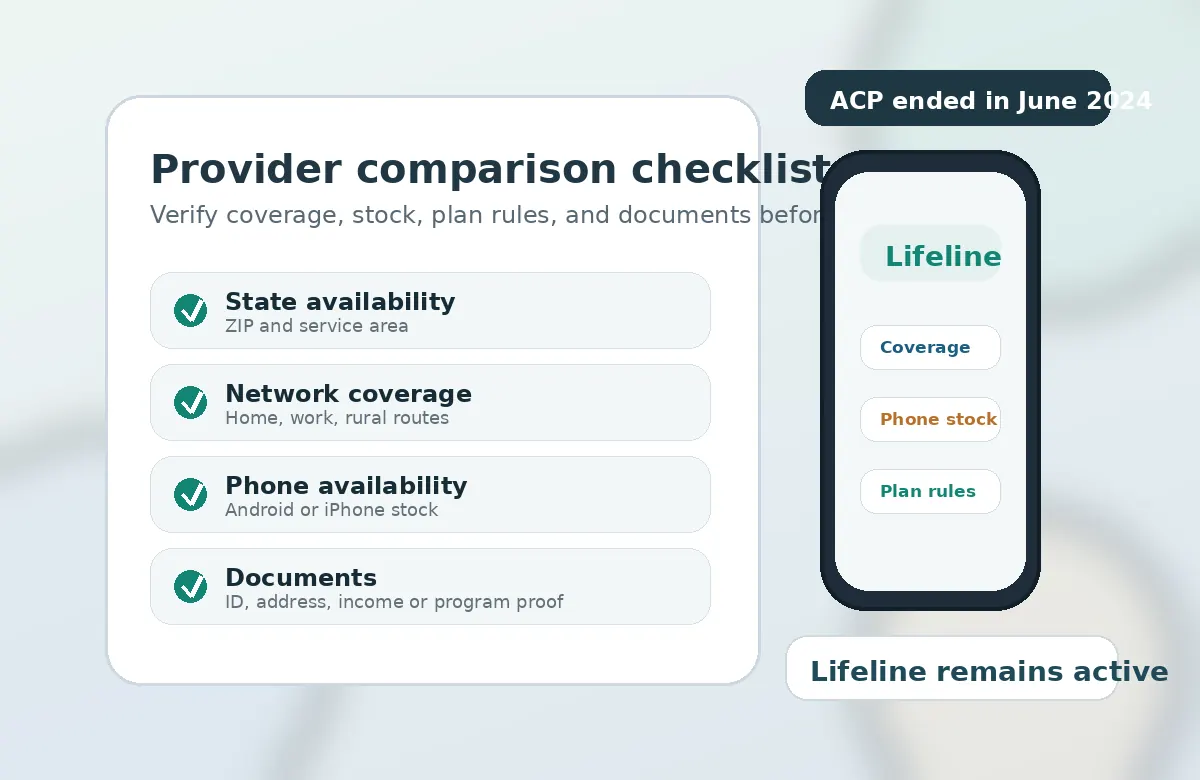 Illustration of a Lifeline provider comparison checklist with phone availability and coverage notes
